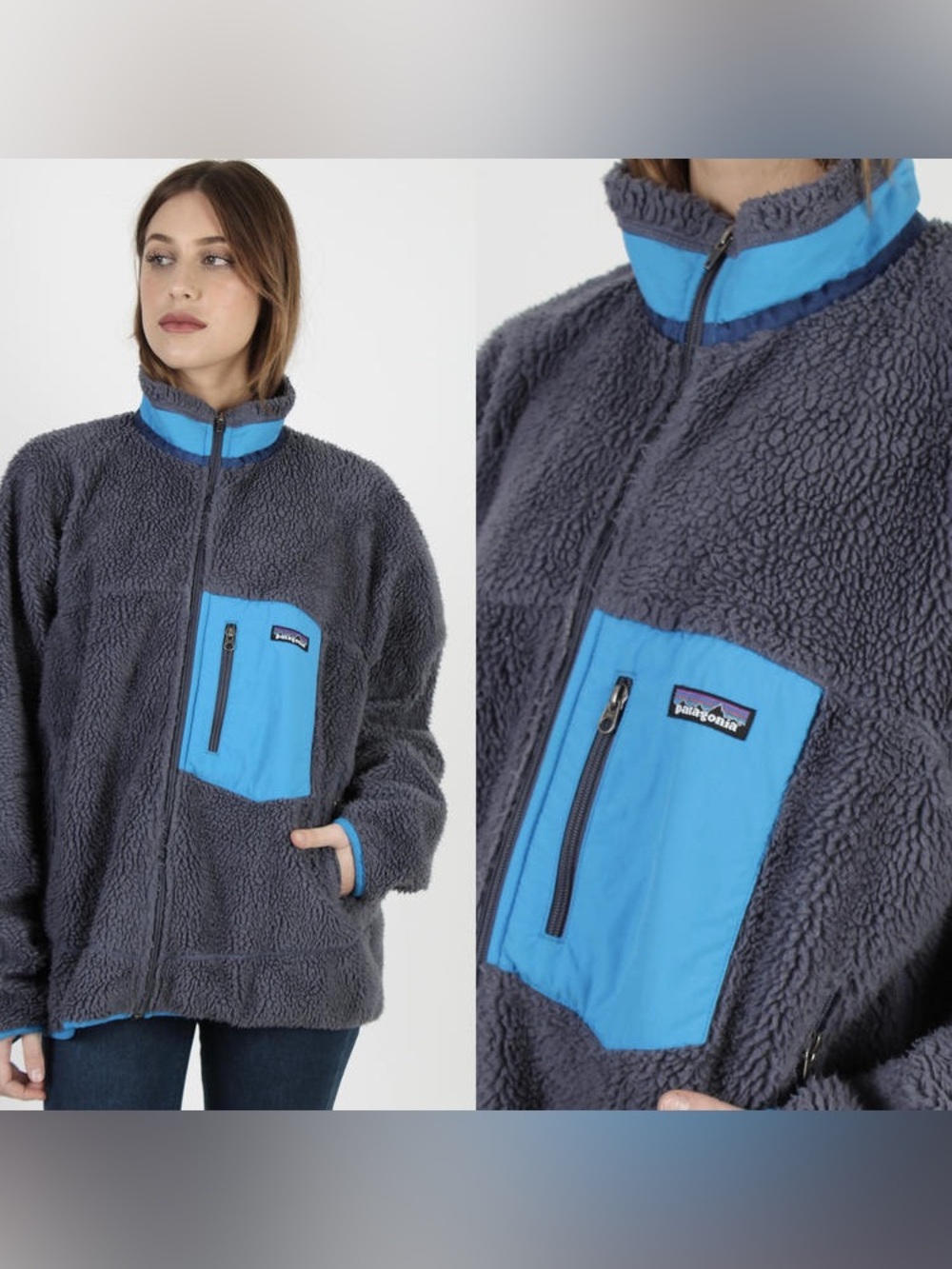 EUC Vintage Patagonia Classic Retro-X Deep Pile Fleece Jacket Blue and Gray XL
